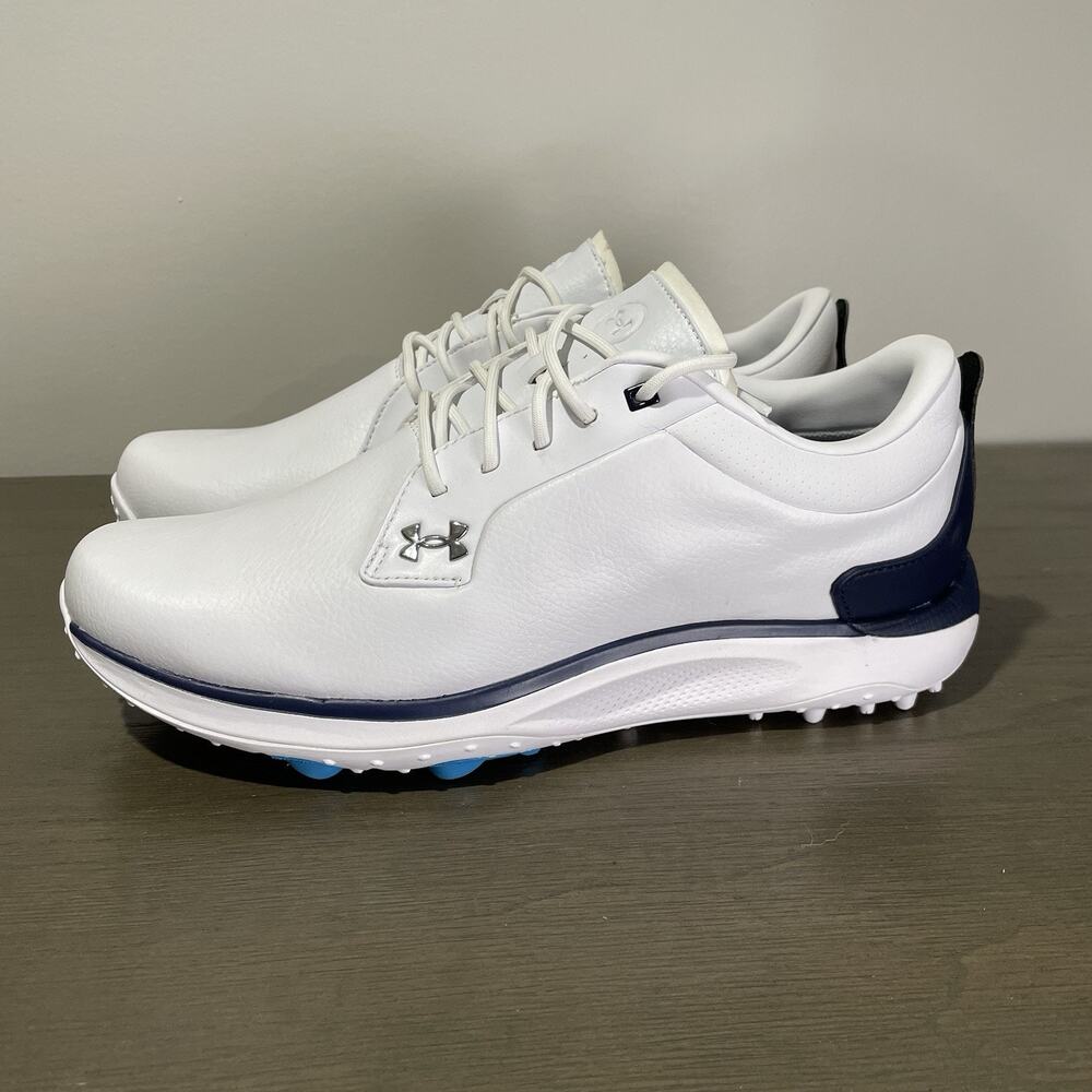 Under Armour Mens Size 9 Spikeless Golf Shoes NEW Drive Glide White Leather Navy